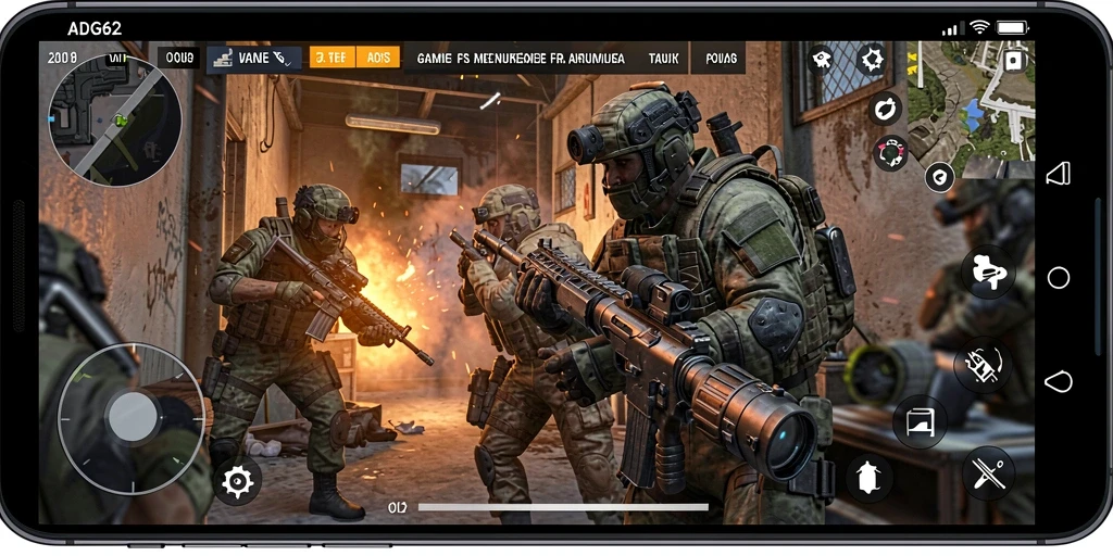 Screenshot gameplay ADG62 dengan aksi pertempuran yang intens.