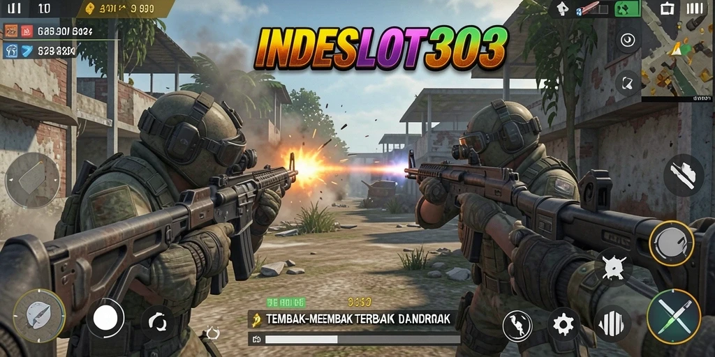 Screenshot gameplay <strong>INDESLOT303</strong> menampilkan pertempuran saat menembak musuh.