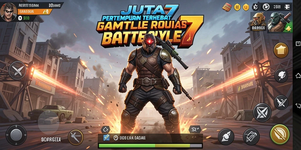 Screenshot gameplay JUTA7 dengan aksi pertempuran intens.