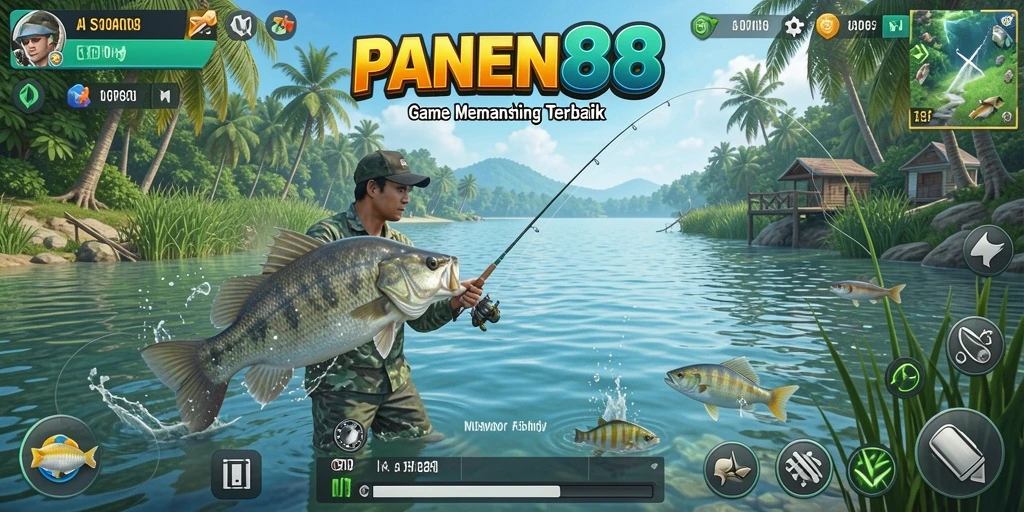 Tampilan gameplay PANEN88 saat memancing di danau yang indah.