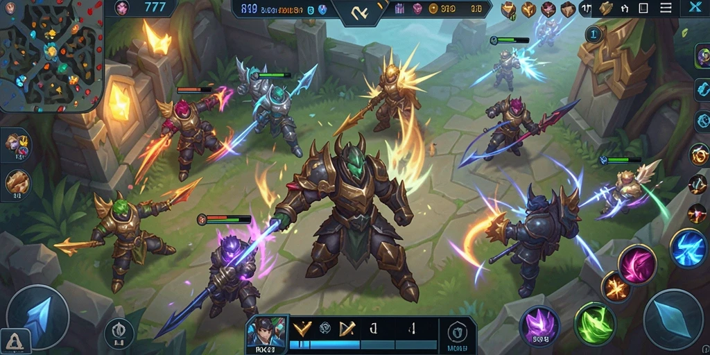 Gameplay seru MOBA RK77 dengan pertarungan strategis yang mendebarkan.