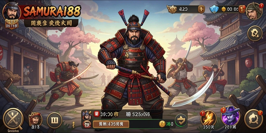 Screenshot gameplay SAMURAI88 menunjukkan aksi pertempuran samurai yang dinamis.
