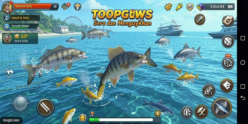 Screenshot utama TOOPGWS menampilkan aksi Tembak Ikan yang seru dan penuh warna.