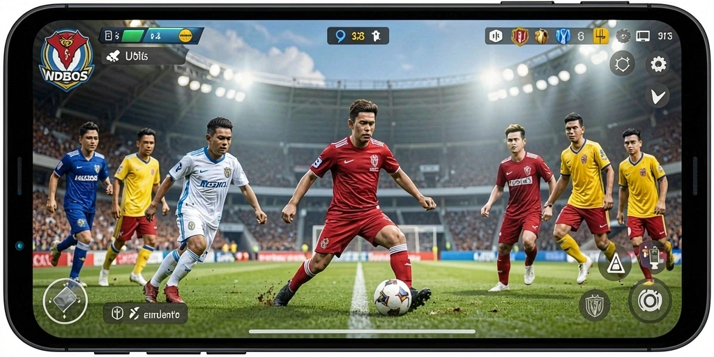 Tangkapan layar dari gameplay <strong>WDBOS</strong> yang menunjukkan aksi seru di lapangan sepak bola.