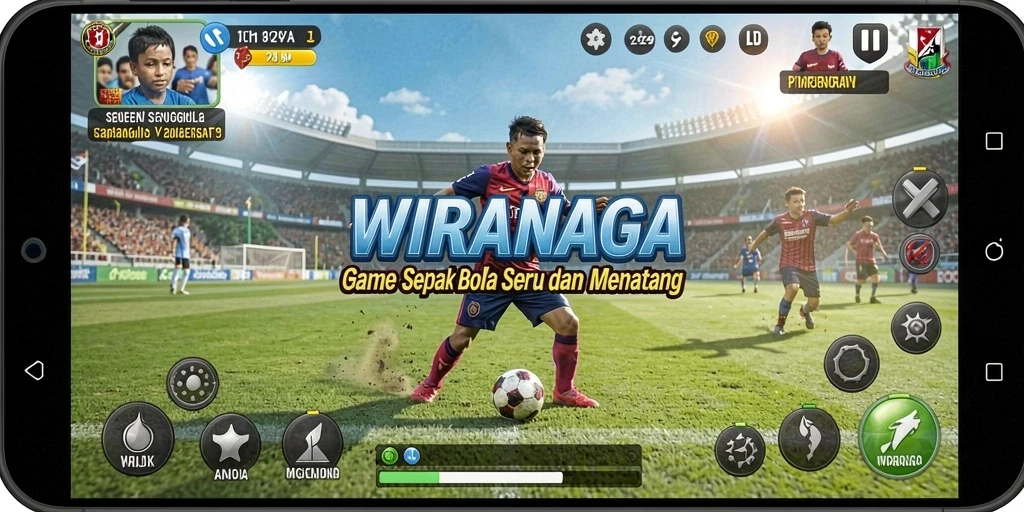 Tampilan gameplay seru di lapangan sepak bola WIRANAGA.